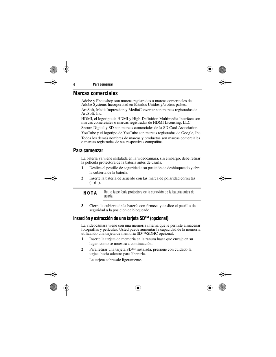 Marcas comerciales, Para comenzar | Toshiba Camileo GMAA00221011 User Manual | Page 18 / 28
