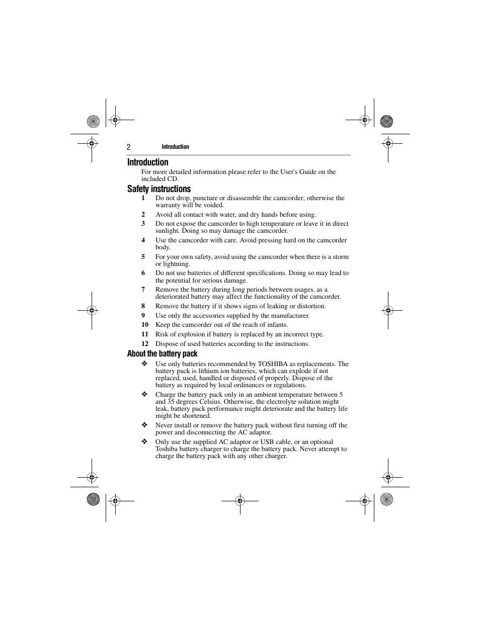 Introduction, Safety instructions | Toshiba Camileo GMAA00221011 User Manual | Page 2 / 28