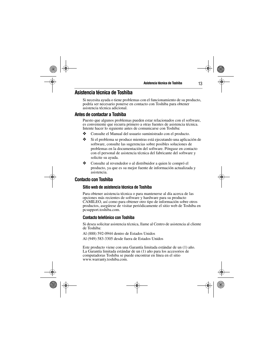 Asistencia técnica de toshiba | Toshiba Camileo GMAA00221011 User Manual | Page 27 / 28