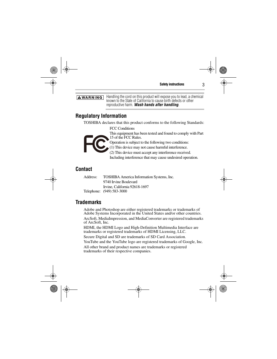 Regulatory information, Contact trademarks | Toshiba Camileo GMAA00221011 User Manual | Page 3 / 28