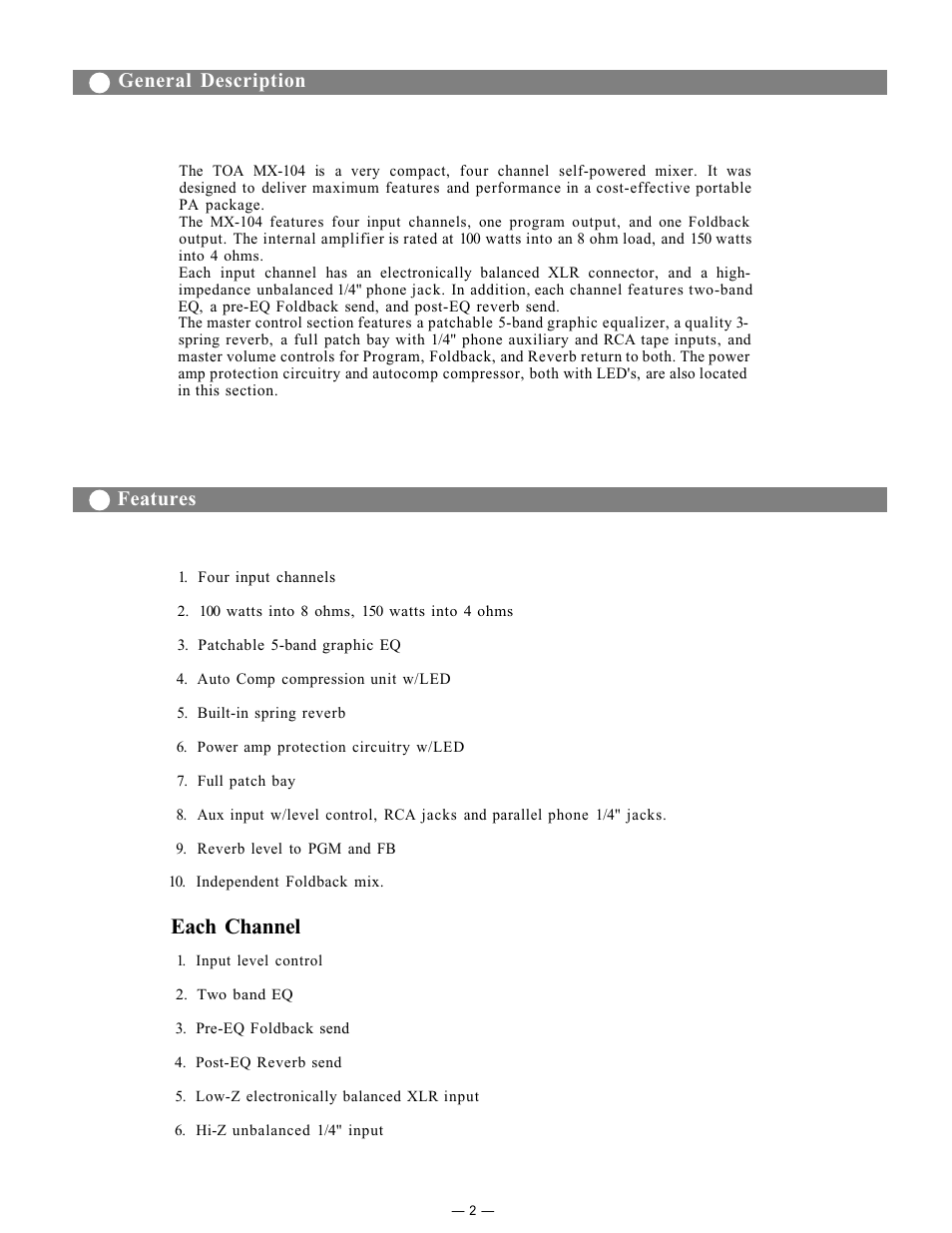 Each channel, Features, General description | Toshiba MX-104 User Manual | Page 3 / 11