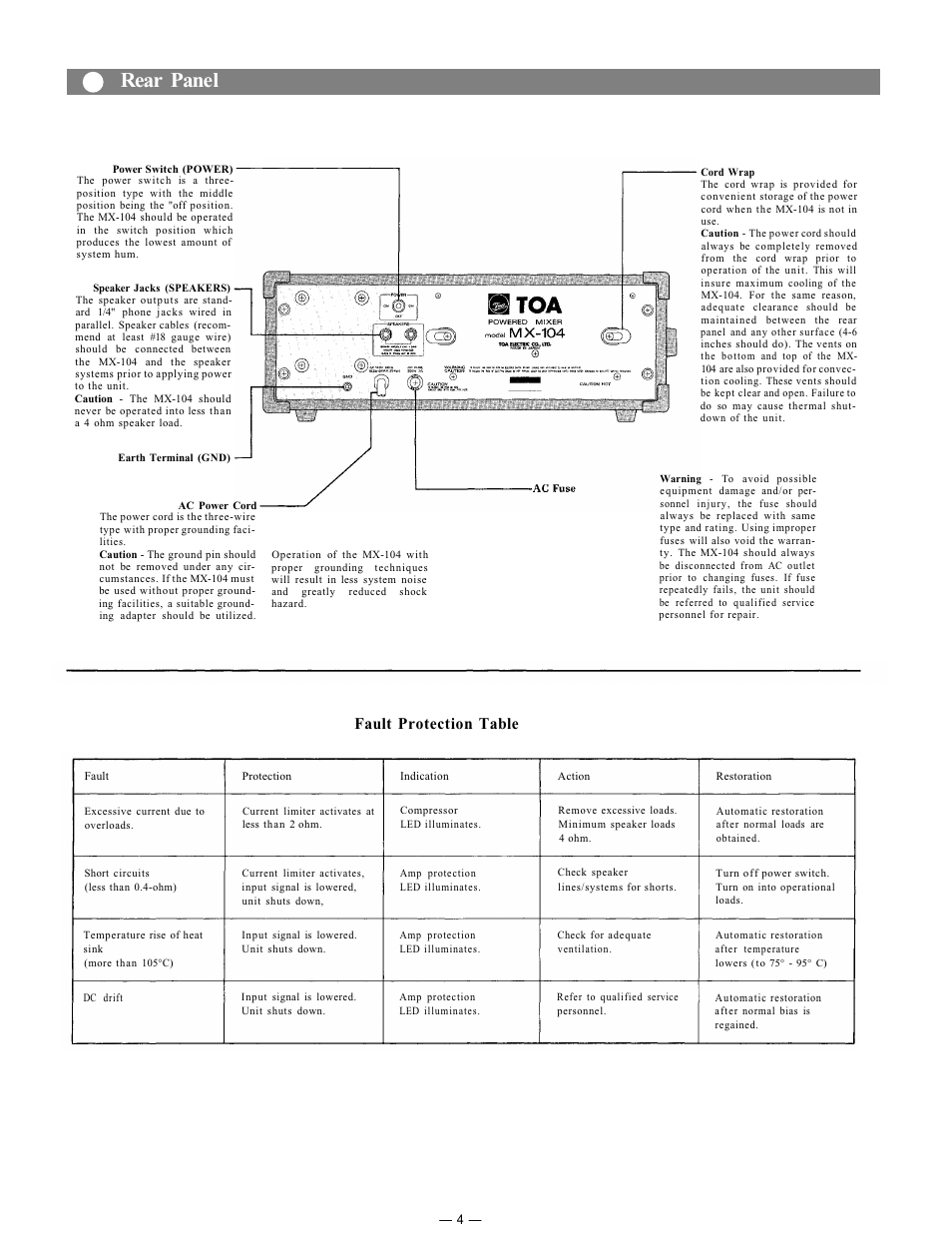 Rear panel, Fault protection table | Toshiba MX-104 User Manual | Page 5 / 11