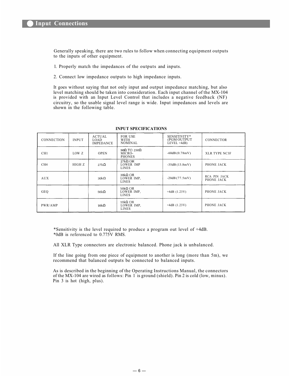 Input connections | Toshiba MX-104 User Manual | Page 7 / 11