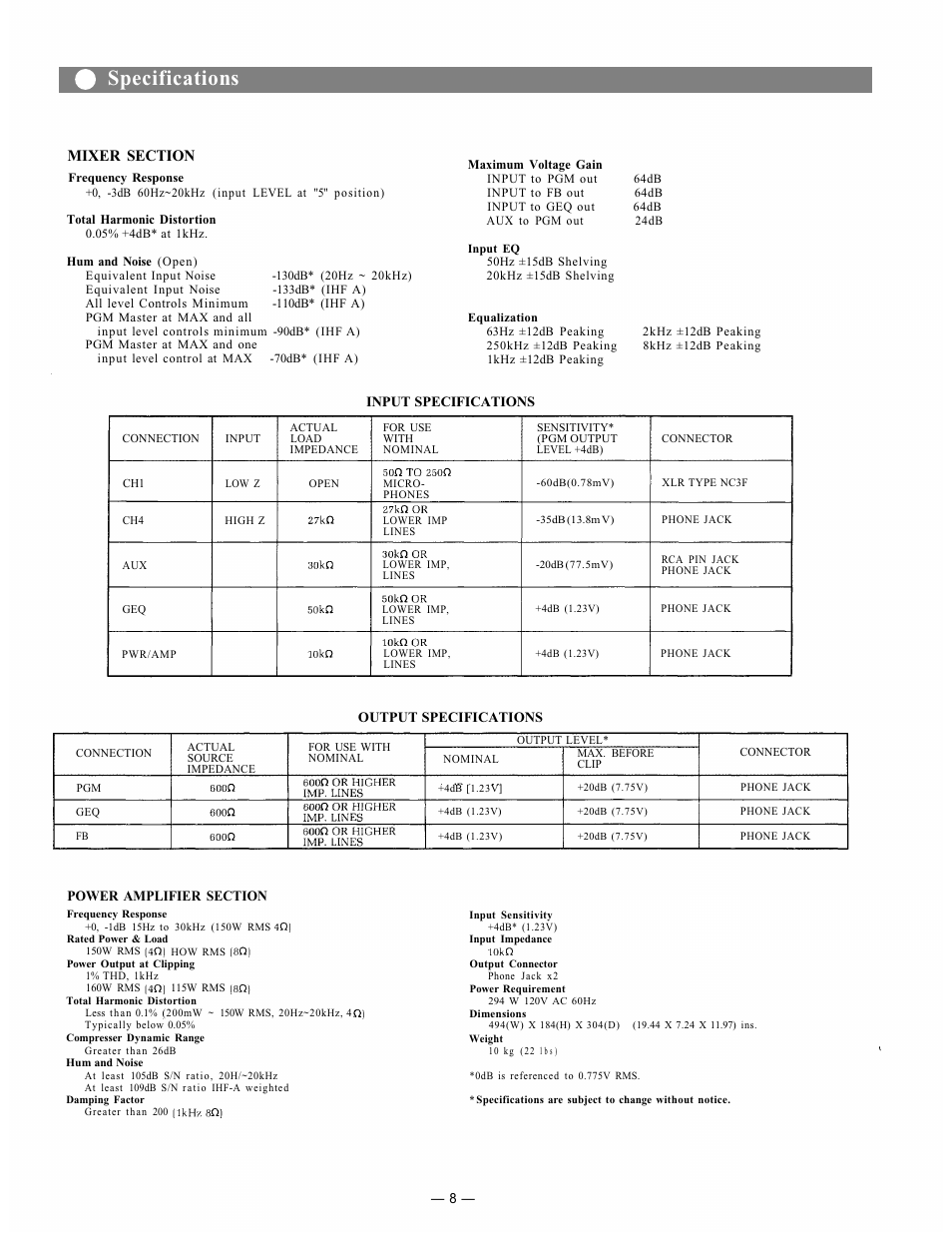 Specifications | Toshiba MX-104 User Manual | Page 9 / 11