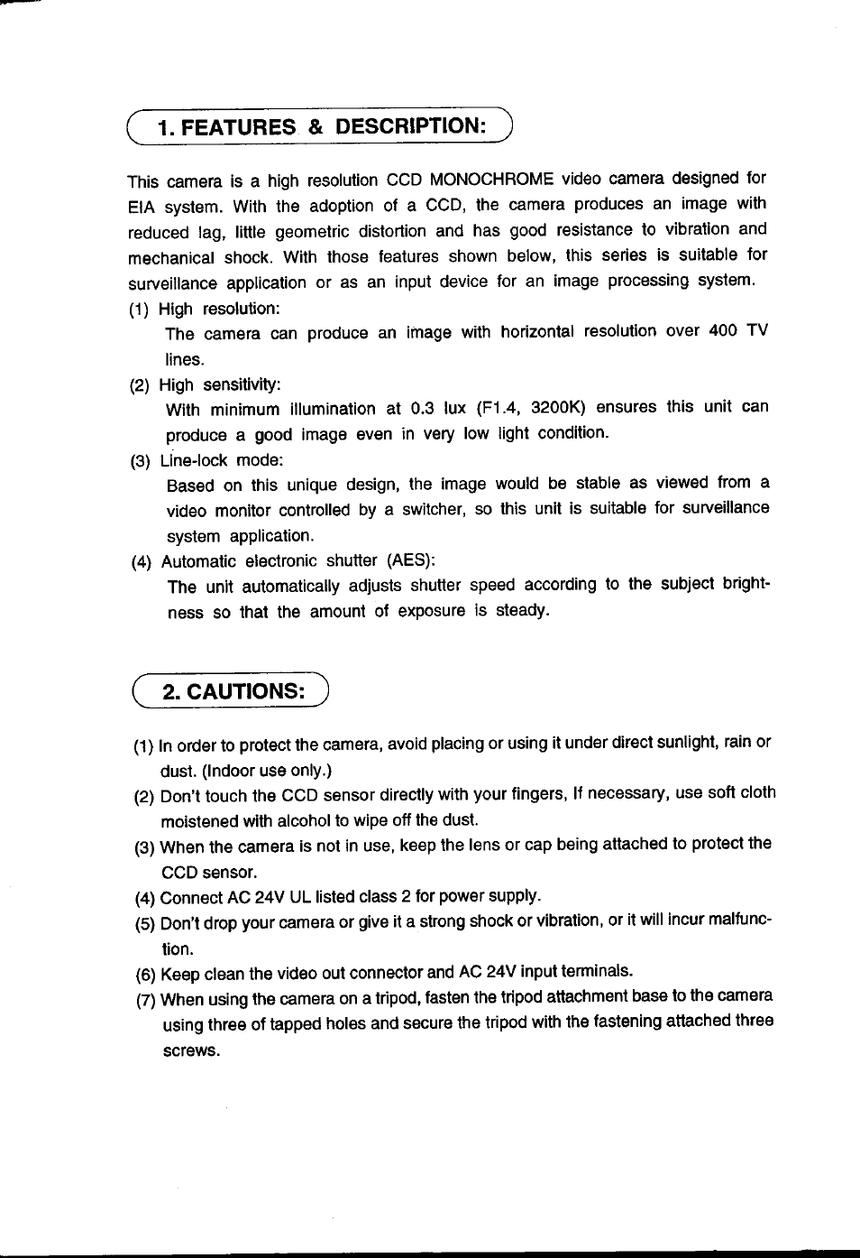 Features & description: '), Cautions: ), Features & description | Toshiba IK527A User Manual | Page 4 / 10