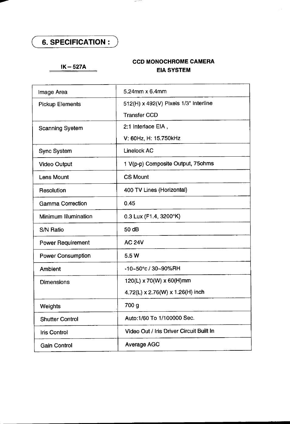 Specification : ) | Toshiba IK527A User Manual | Page 8 / 10