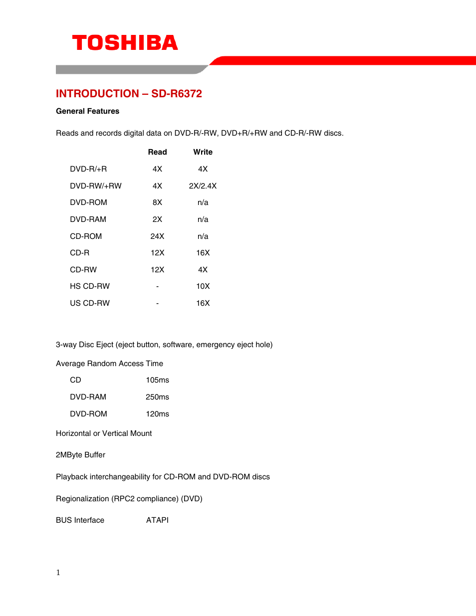 Introduction – sd-r6372 | Toshiba DVD REWRITABLE DRIVE SD-R6372 User Manual | Page 3 / 14