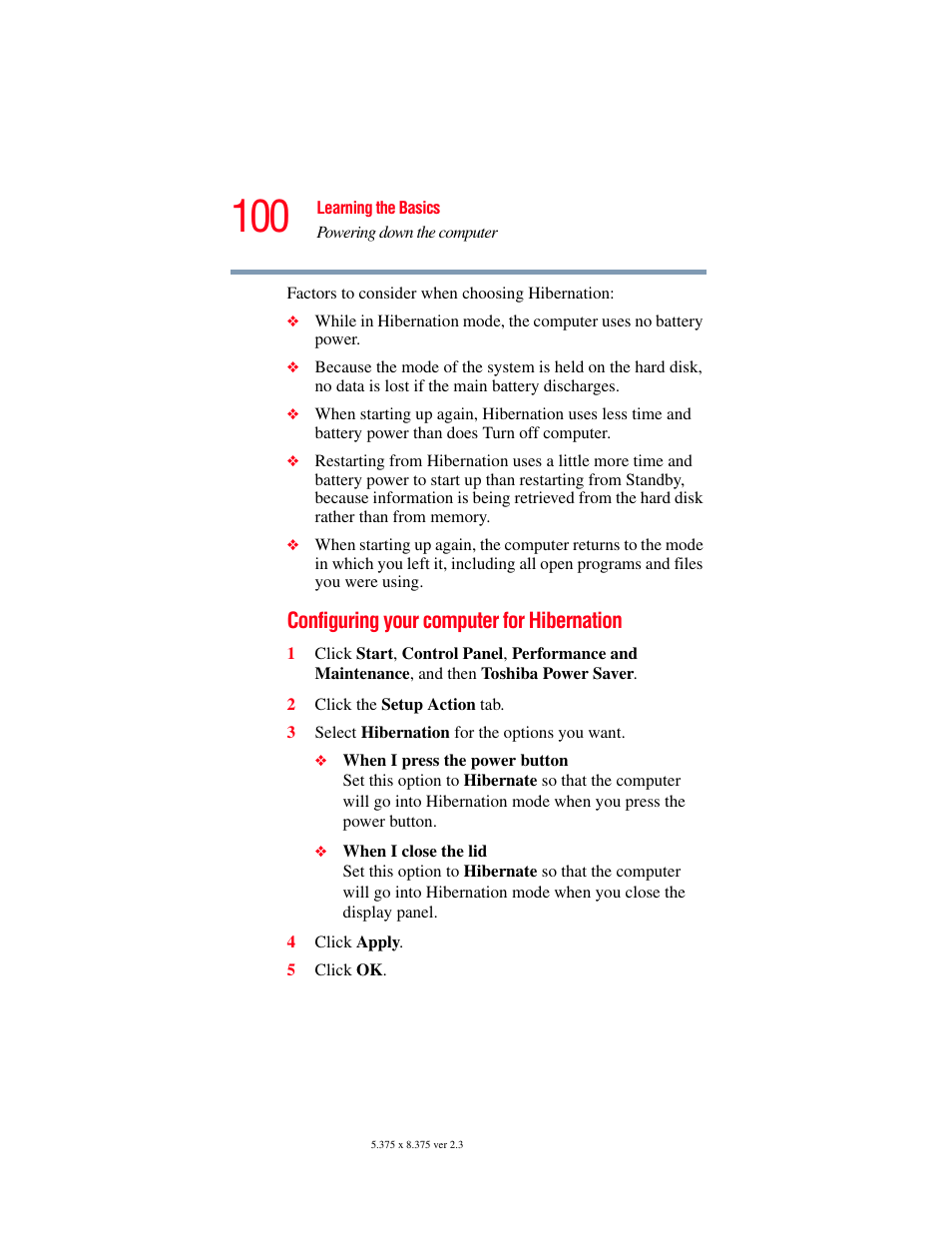 Configuring your computer for hibernation | Toshiba A85 User Manual | Page 100 / 264