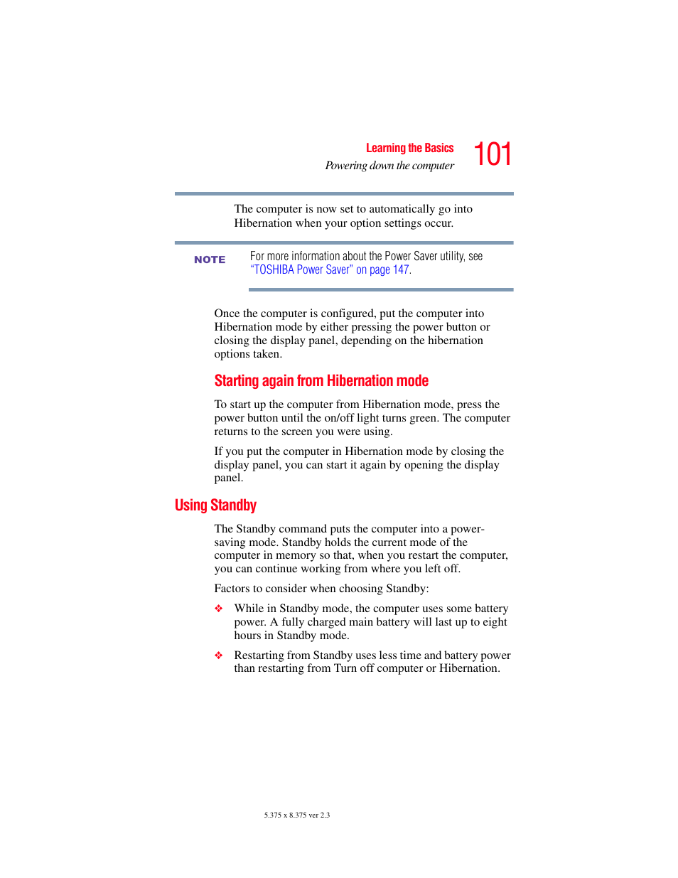 Using standby | Toshiba A85 User Manual | Page 101 / 264