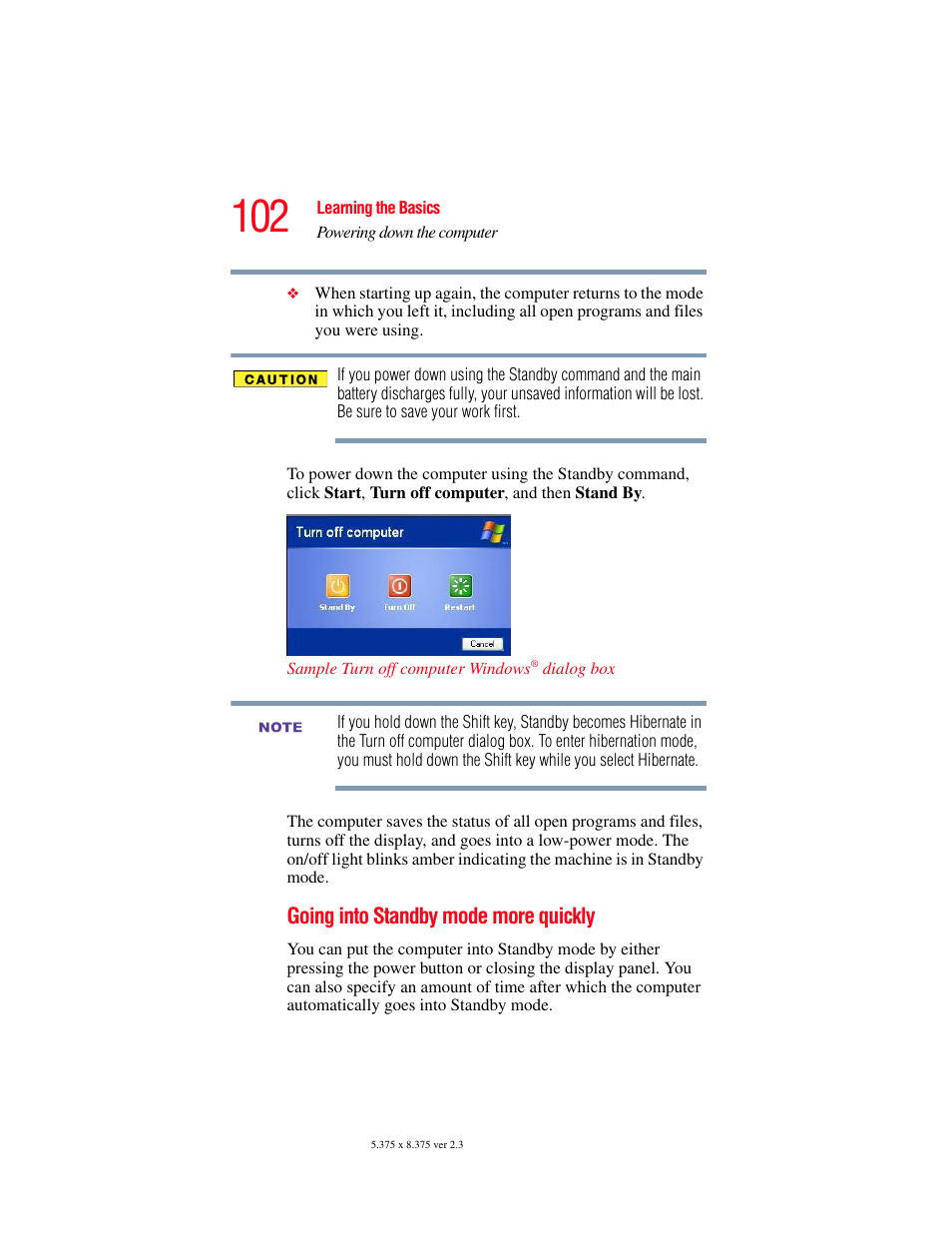 Going into standby mode more quickly | Toshiba A85 User Manual | Page 102 / 264