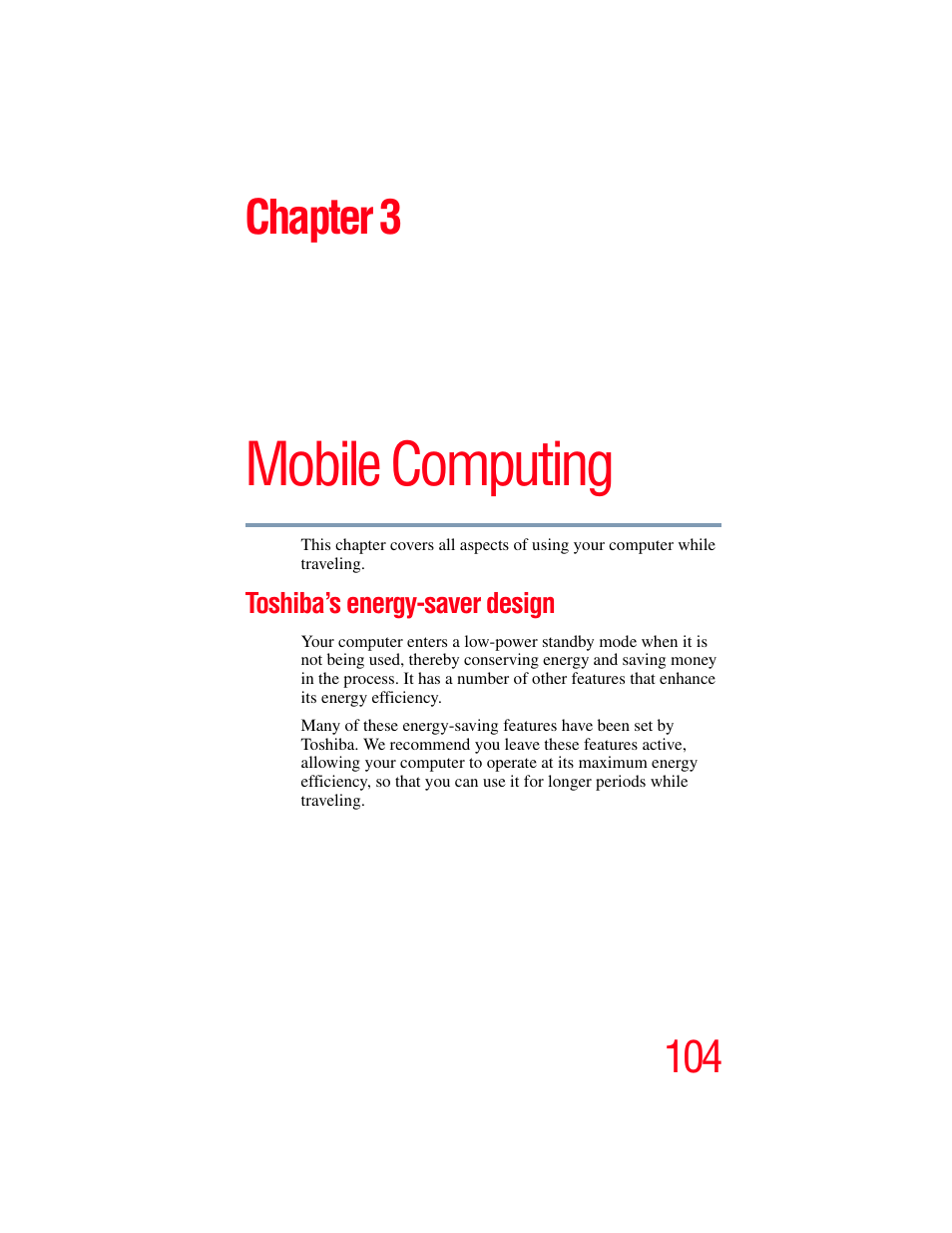 Chapter 3: mobile computing, Toshiba’s energy-saver design, Mobile computing | Chapter 3 | Toshiba A85 User Manual | Page 104 / 264