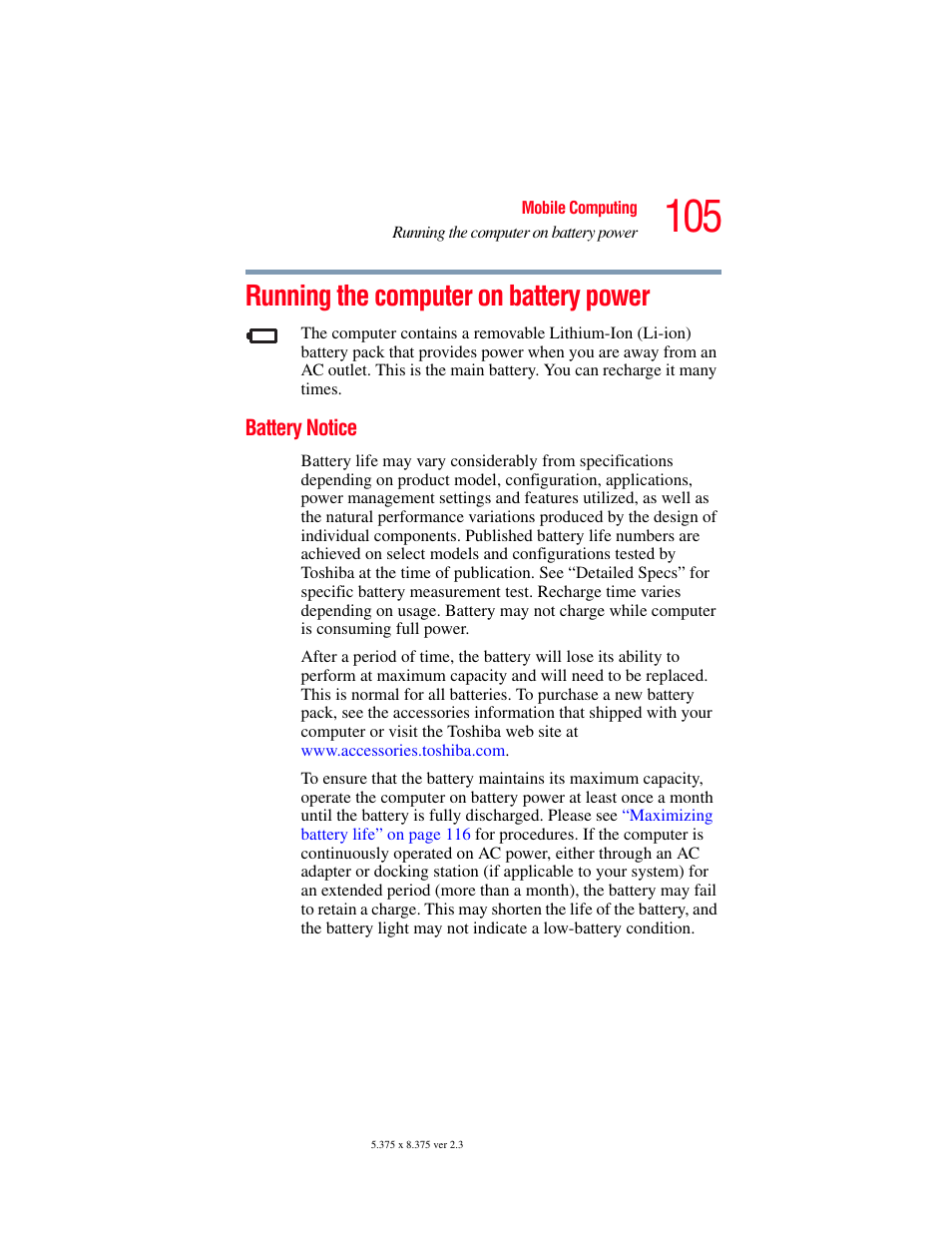 Running the computer on battery power, Battery notice, Running the computer on battery | Toshiba A85 User Manual | Page 105 / 264