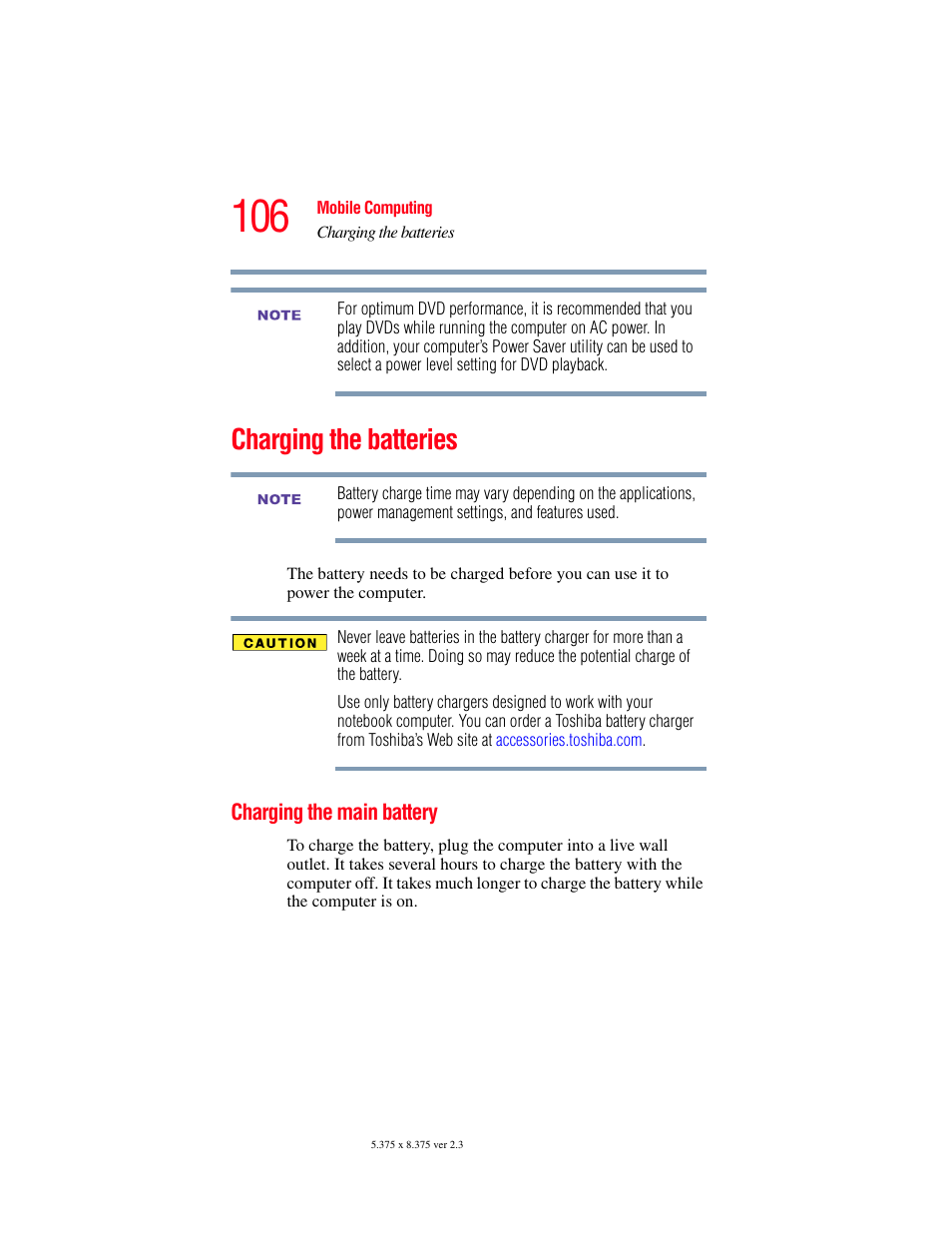 Charging the batteries, Charging the main battery | Toshiba A85 User Manual | Page 106 / 264