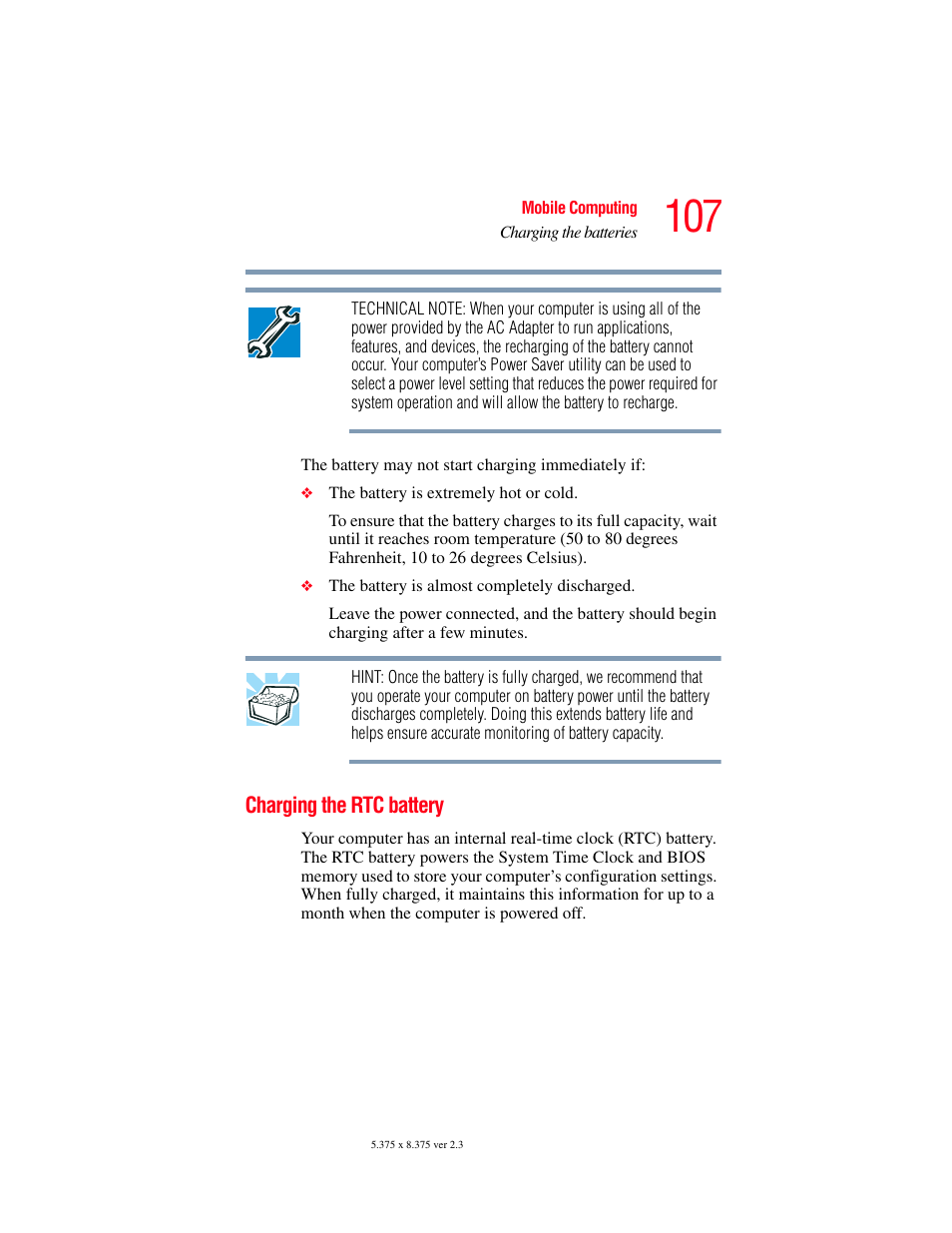 Charging the rtc battery | Toshiba A85 User Manual | Page 107 / 264