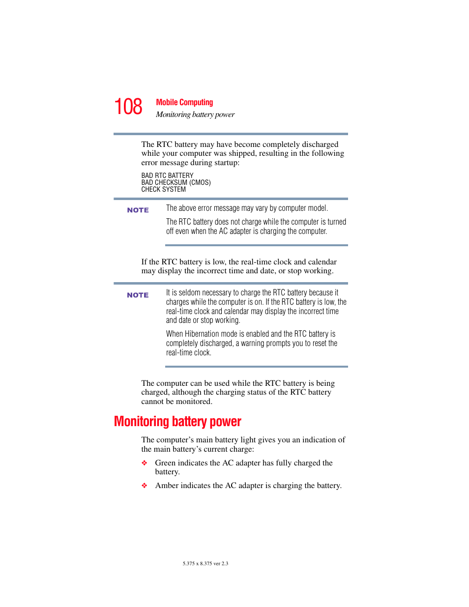 Monitoring battery power | Toshiba A85 User Manual | Page 108 / 264