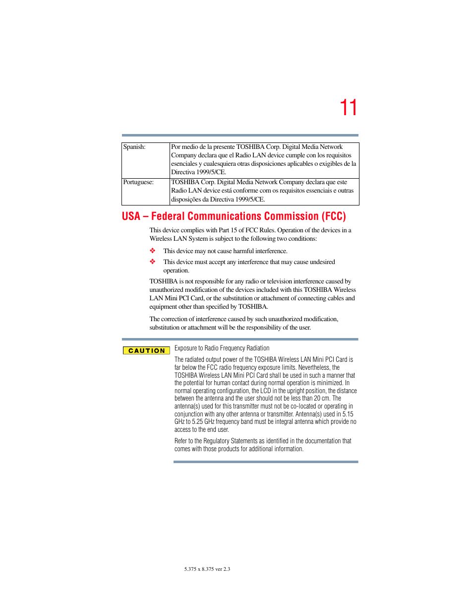 Usa – federal communications commission (fcc) | Toshiba A85 User Manual | Page 11 / 264