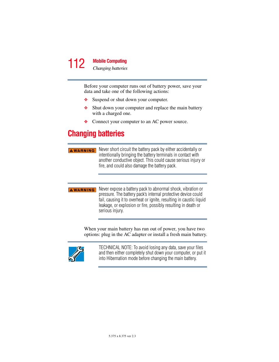 Changing batteries | Toshiba A85 User Manual | Page 112 / 264