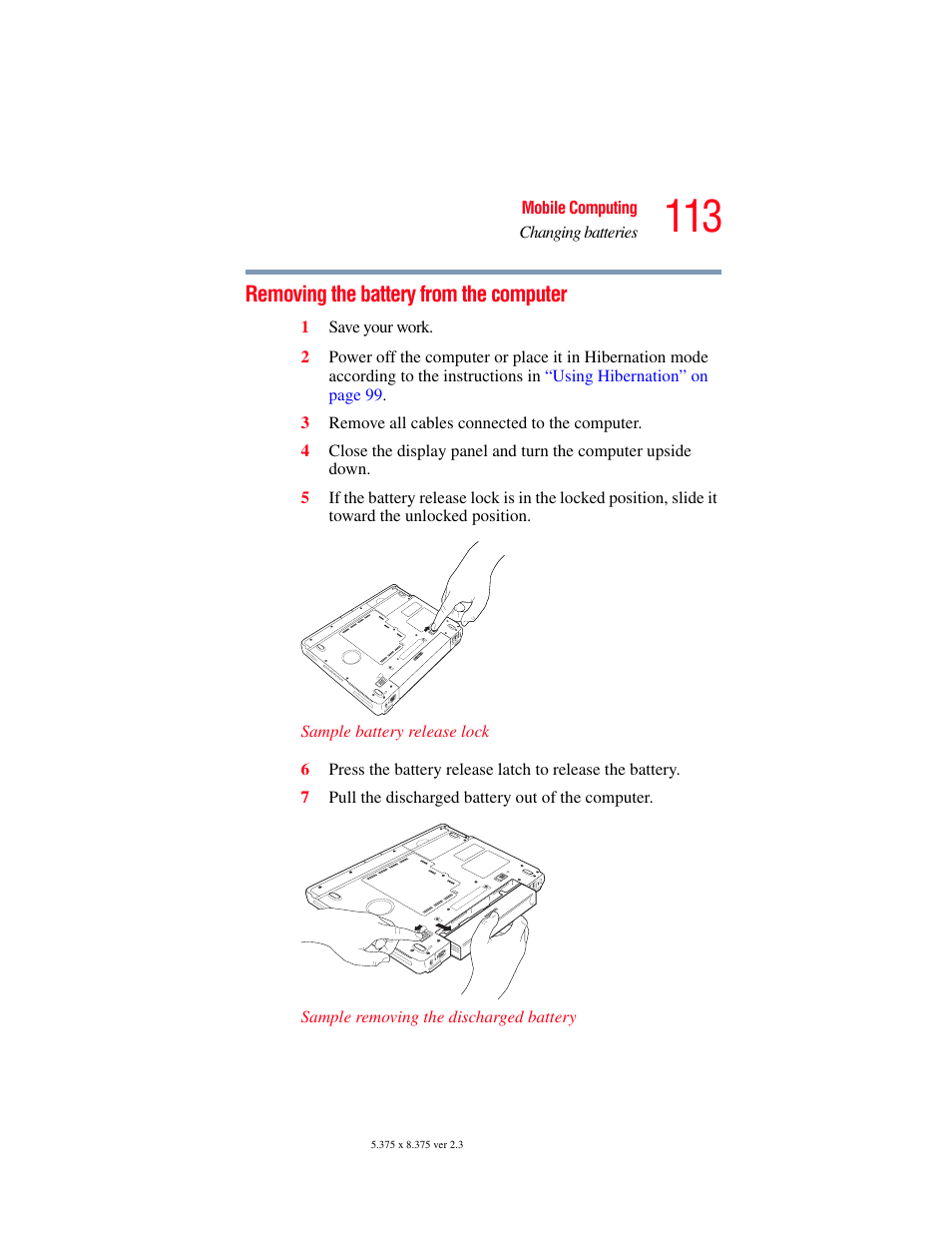 Removing the battery from the computer | Toshiba A85 User Manual | Page 113 / 264