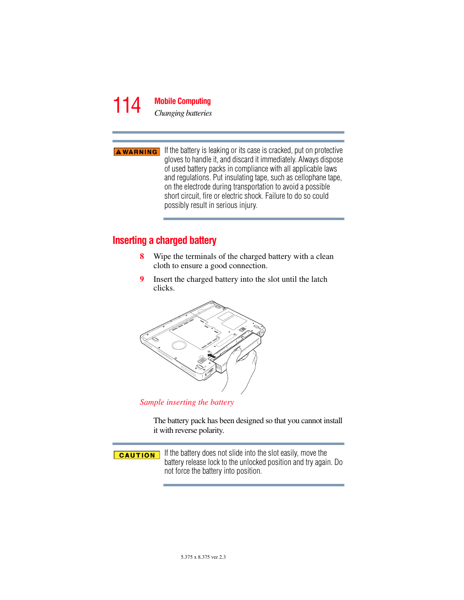 Inserting a charged battery | Toshiba A85 User Manual | Page 114 / 264