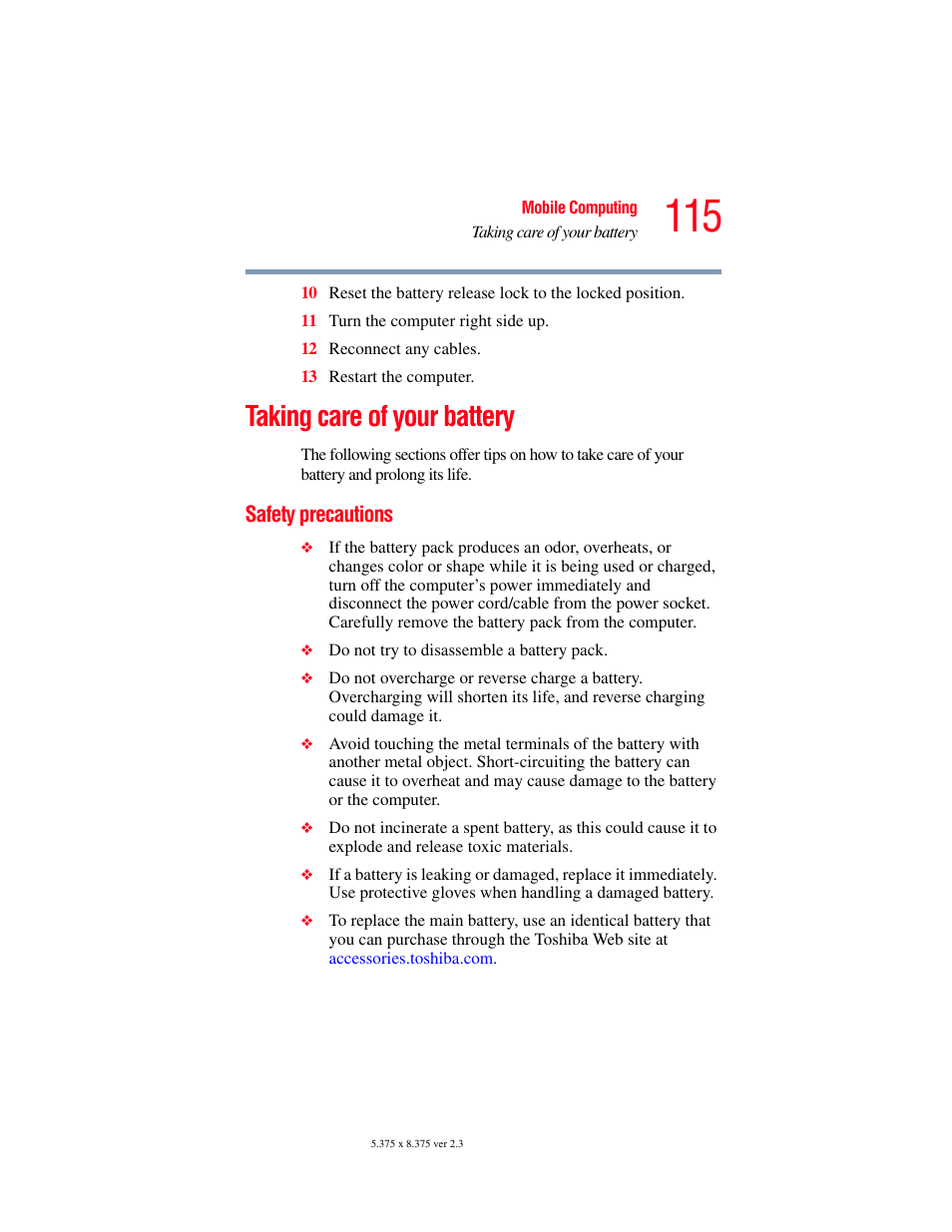 Taking care of your battery, Safety precautions | Toshiba A85 User Manual | Page 115 / 264