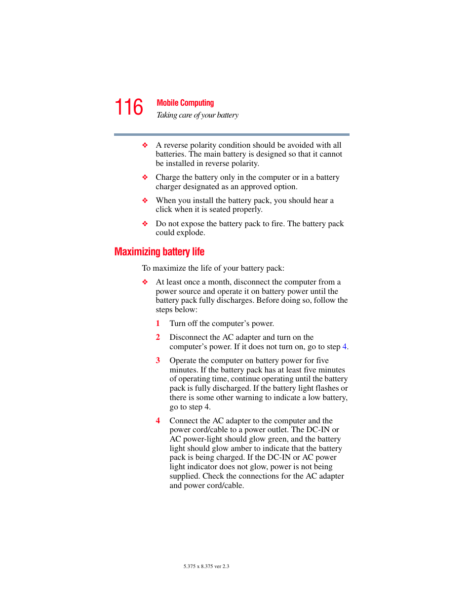 Maximizing battery life | Toshiba A85 User Manual | Page 116 / 264