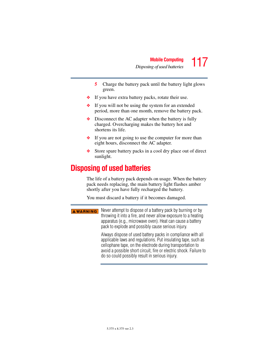 Disposing of used batteries | Toshiba A85 User Manual | Page 117 / 264