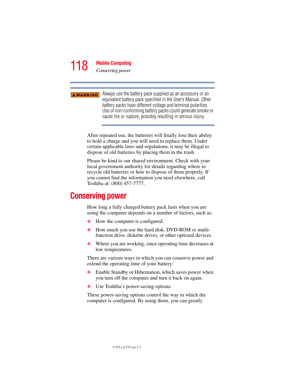 Conserving power | Toshiba A85 User Manual | Page 118 / 264