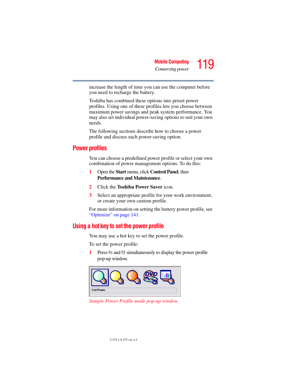 Power profiles, Using a hot key to set the power profile | Toshiba A85 User Manual | Page 119 / 264