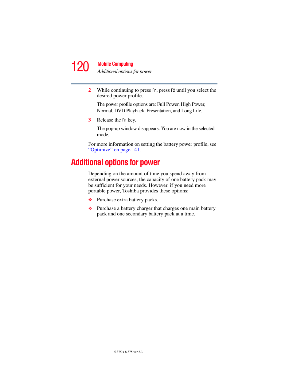 Additional options for power | Toshiba A85 User Manual | Page 120 / 264