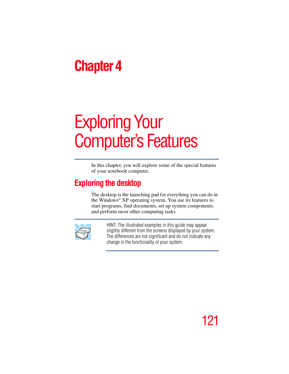 Chapter 4: exploring your computer’s features, Exploring the desktop, Exploring your computer’s features | Chapter 4 | Toshiba A85 User Manual | Page 121 / 264