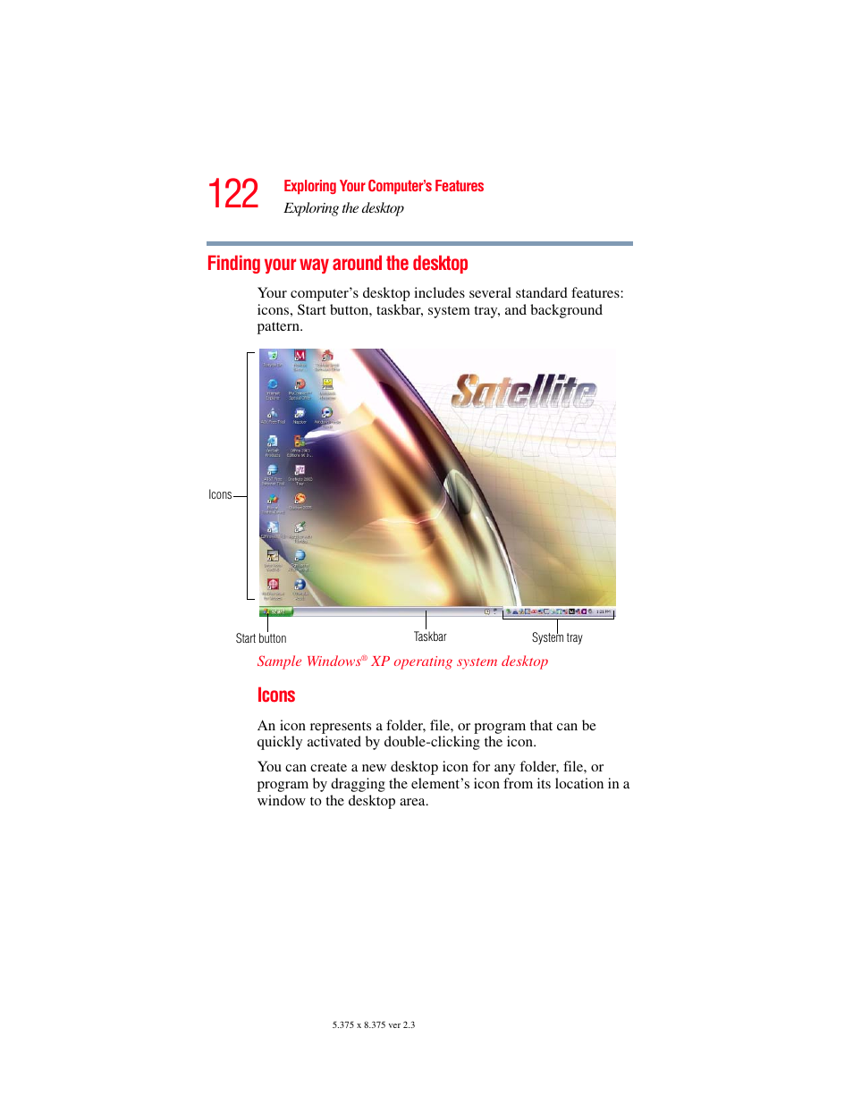 Finding your way around the desktop, Icons | Toshiba A85 User Manual | Page 122 / 264