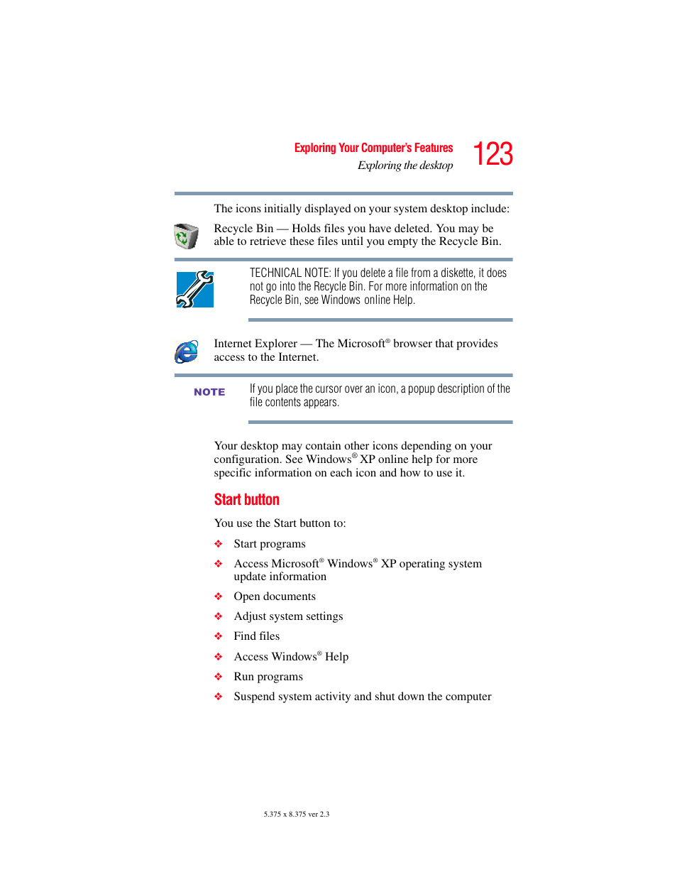 Start button | Toshiba A85 User Manual | Page 123 / 264