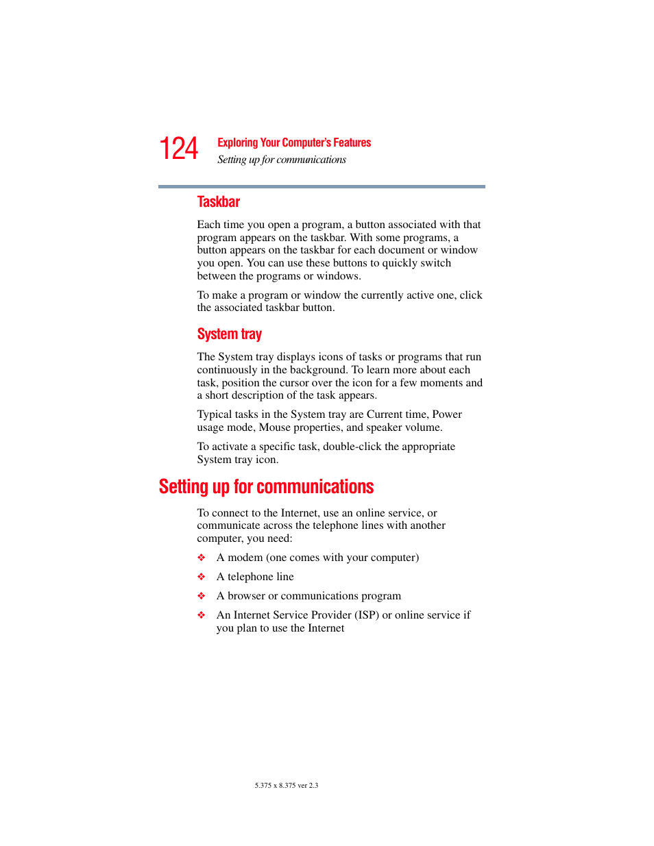 Setting up for communications | Toshiba A85 User Manual | Page 124 / 264