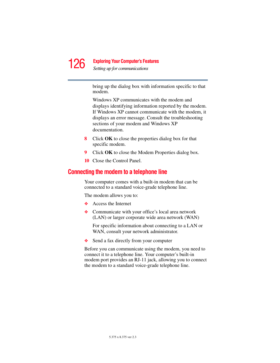 Connecting the modem to a telephone line | Toshiba A85 User Manual | Page 126 / 264