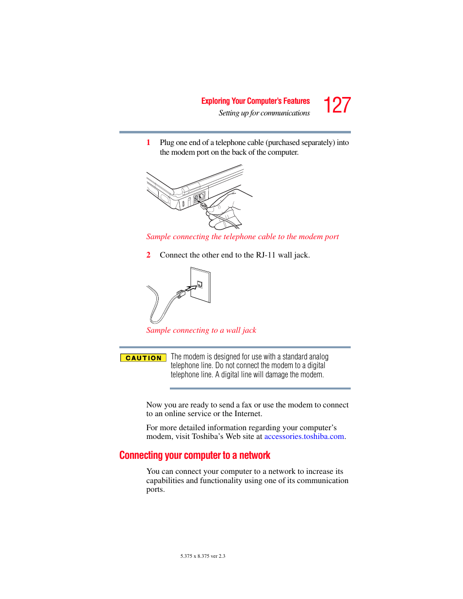 Connecting your computer to a network | Toshiba A85 User Manual | Page 127 / 264
