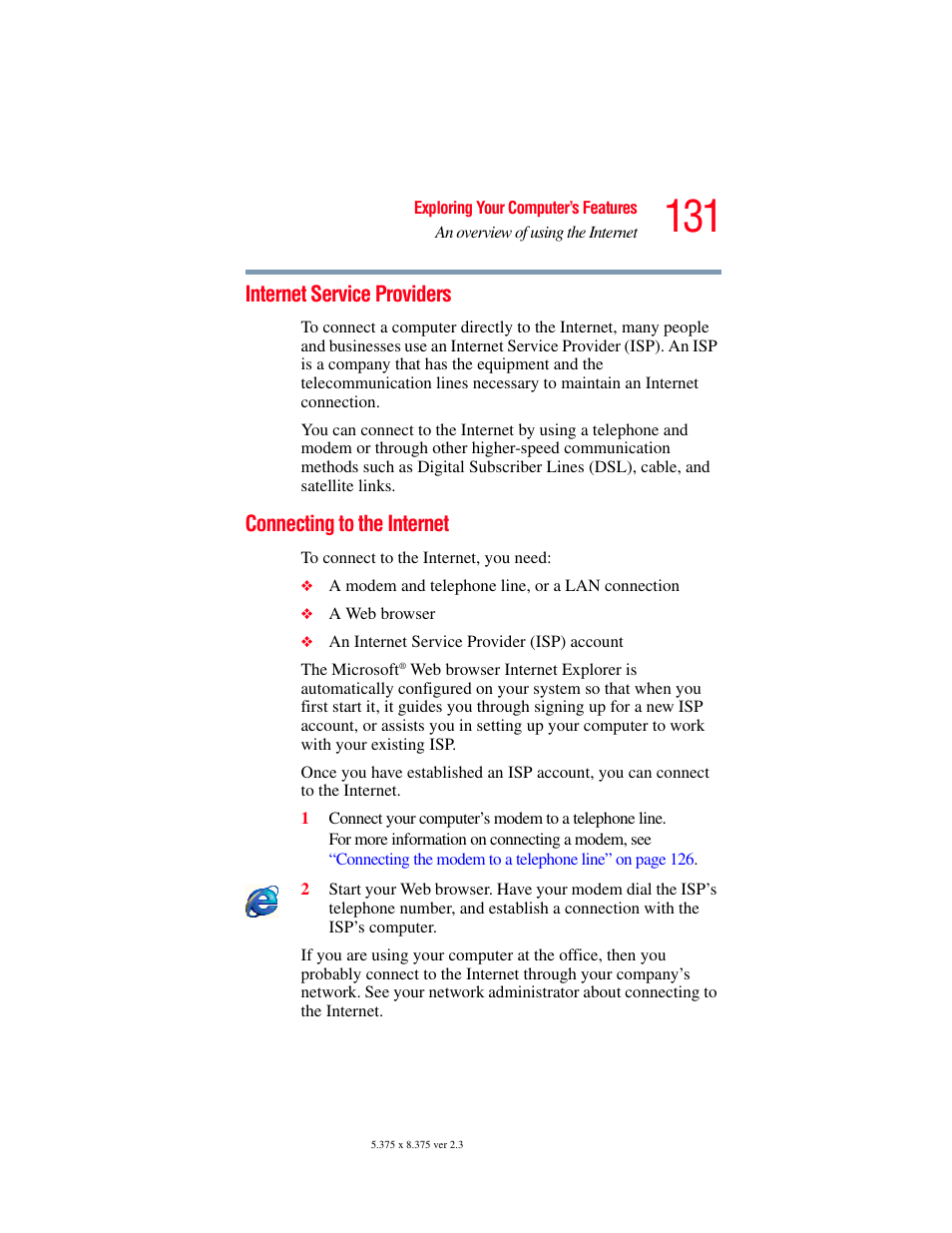 Internet service providers, Connecting to the internet | Toshiba A85 User Manual | Page 131 / 264