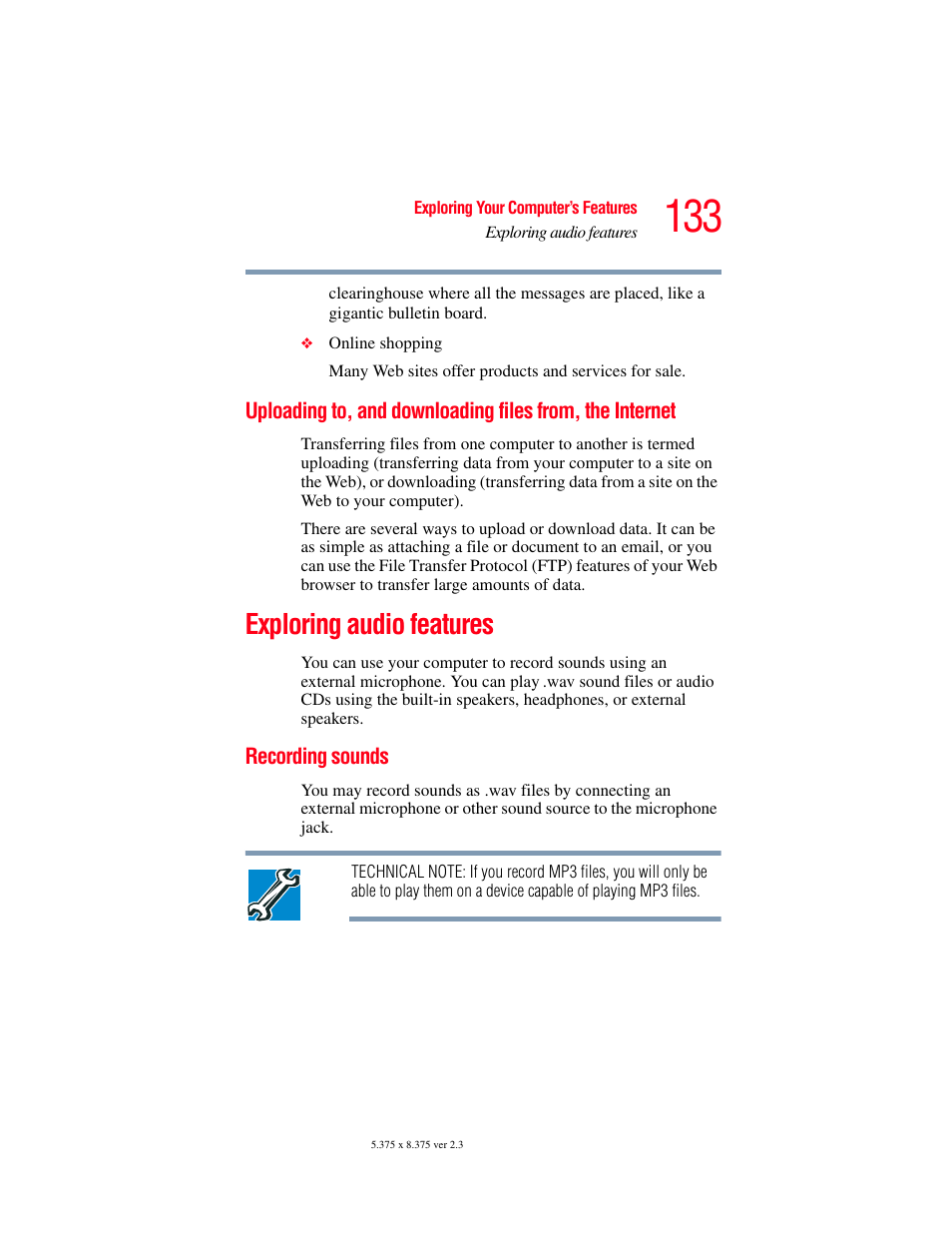 Exploring audio features, Recording sounds, Uploading to, and downloading files from | The internet | Toshiba A85 User Manual | Page 133 / 264