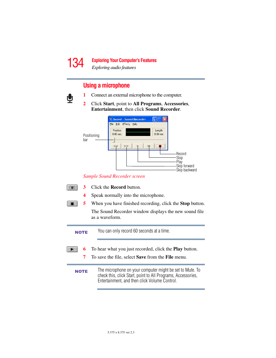 Using a microphone | Toshiba A85 User Manual | Page 134 / 264