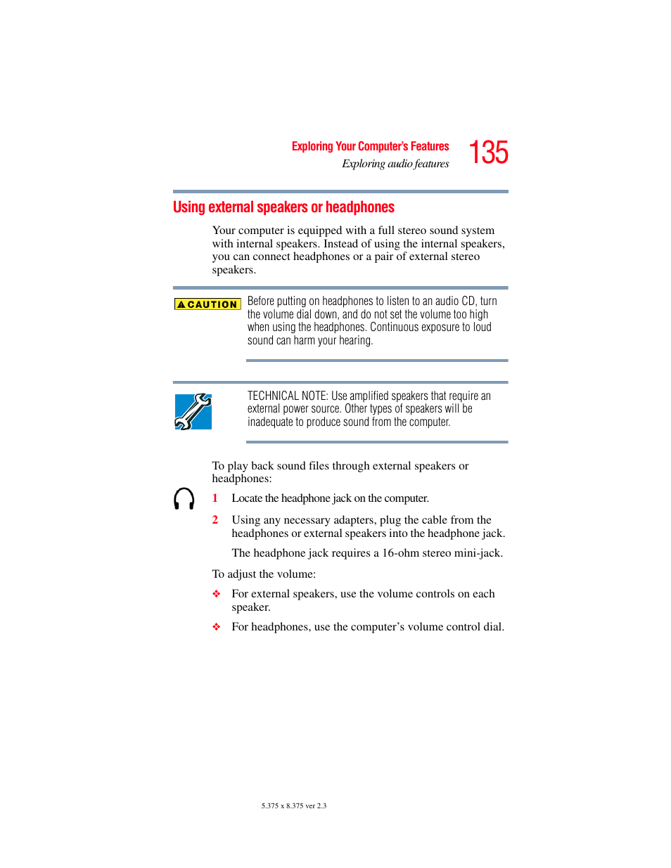 Using external speakers or headphones | Toshiba A85 User Manual | Page 135 / 264