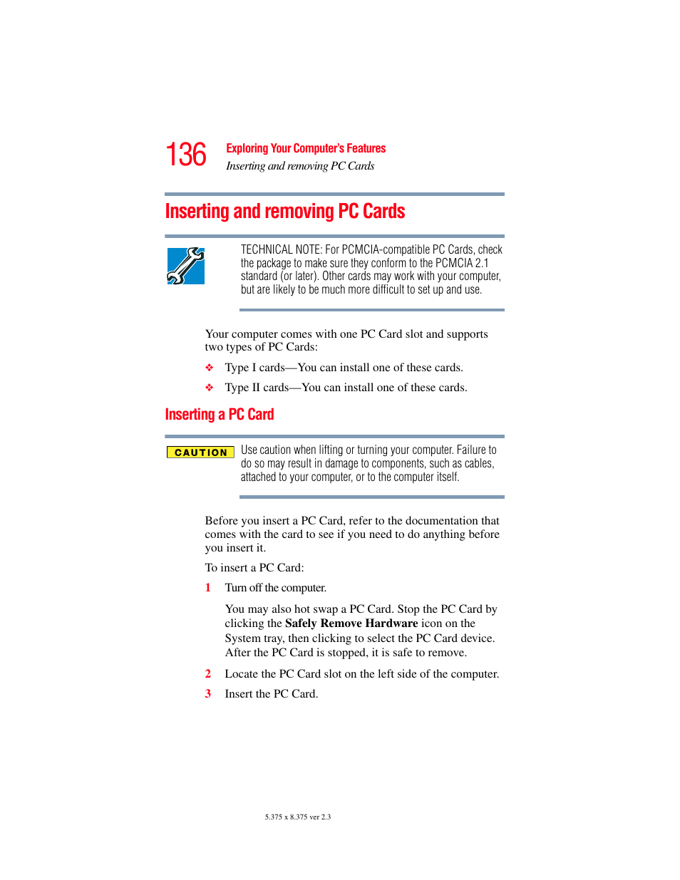 Inserting and removing pc cards, Inserting a pc card | Toshiba A85 User Manual | Page 136 / 264