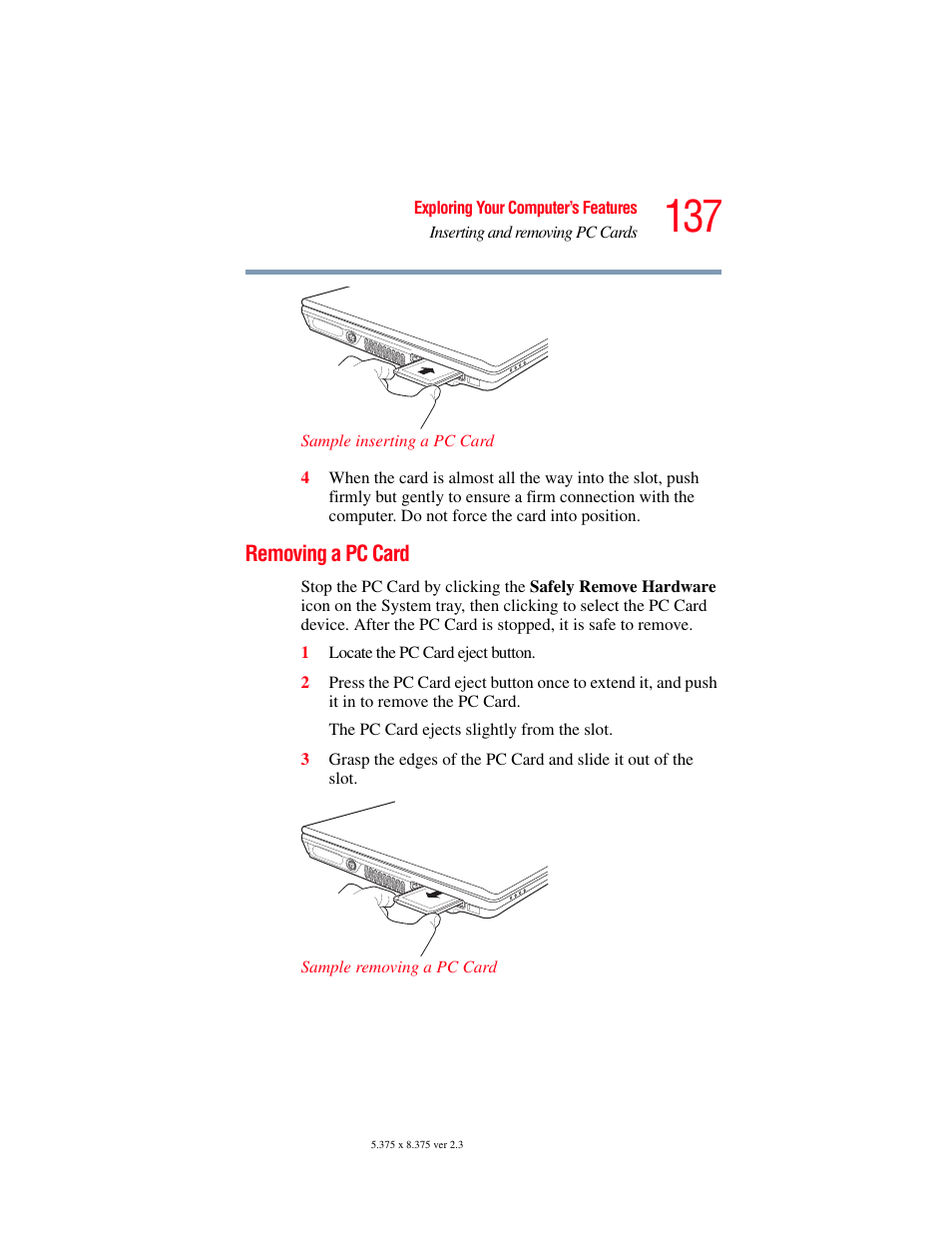 Removing a pc card | Toshiba A85 User Manual | Page 137 / 264