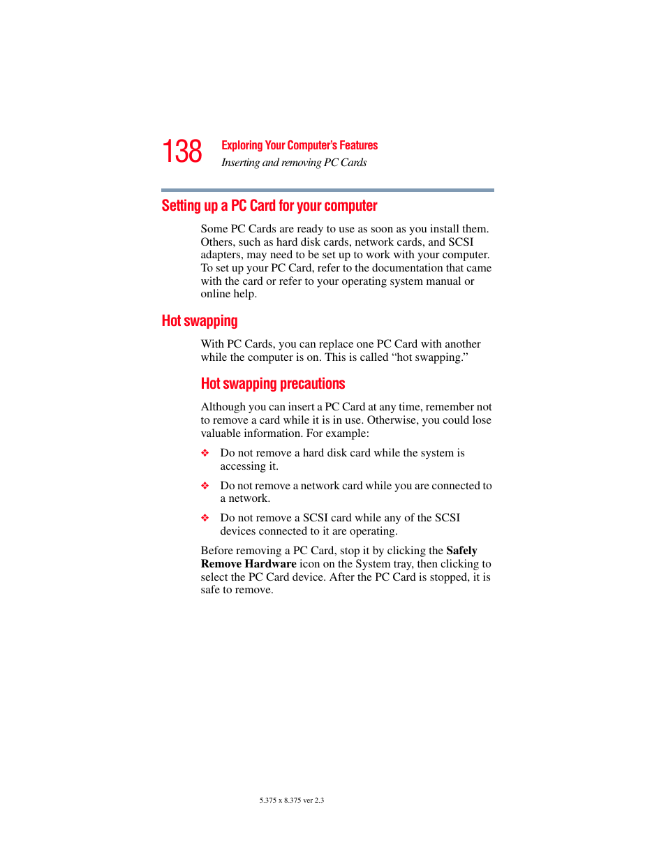 Setting up a pc card for your computer, Hot swapping | Toshiba A85 User Manual | Page 138 / 264