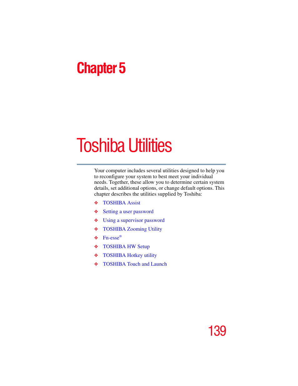 Chapter 5: toshiba utilities, Toshiba utilities, Chapter 5 | Toshiba A85 User Manual | Page 139 / 264