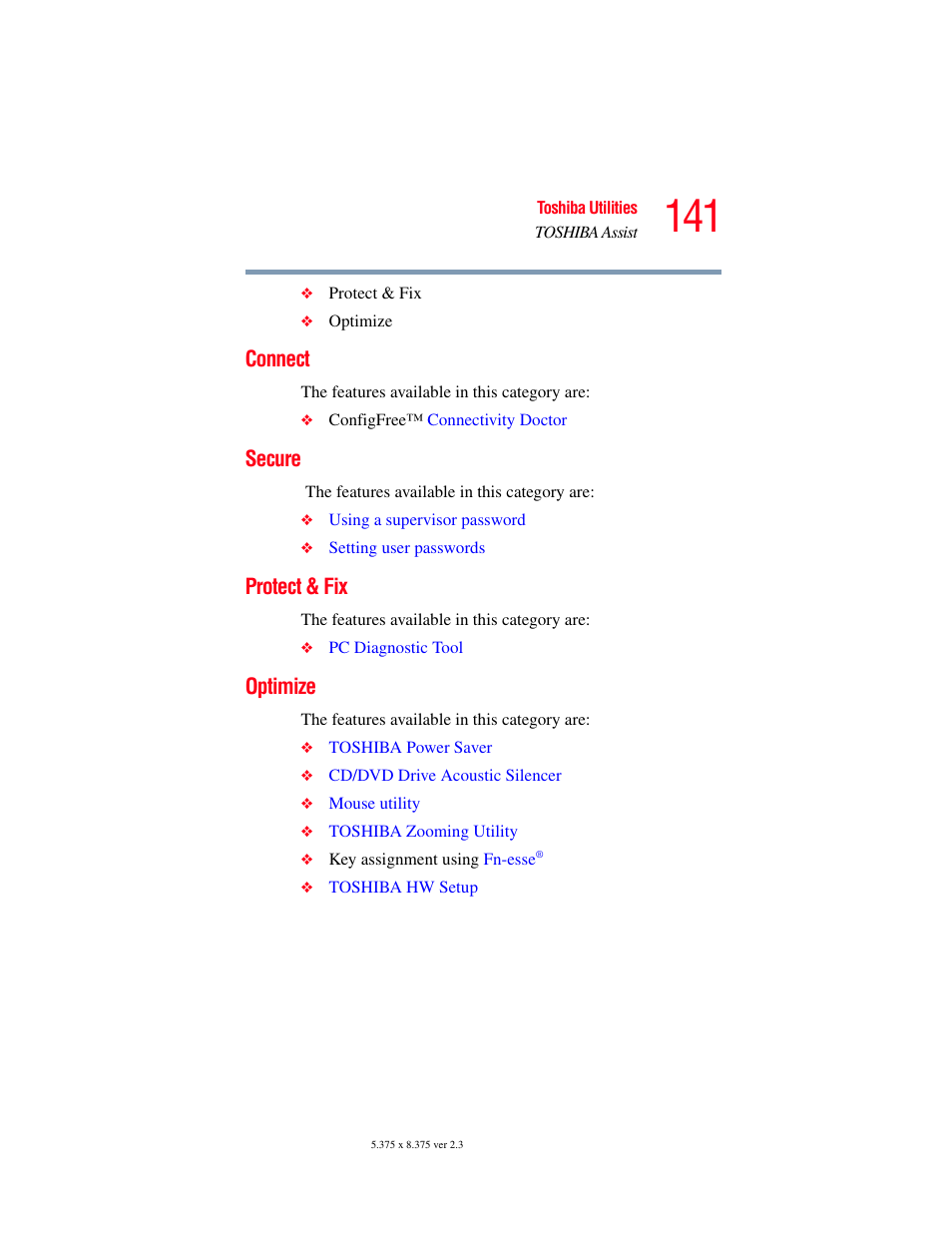 Connect, Secure, Protect & fix | Optimize, Connect secure protect & fix optimize | Toshiba A85 User Manual | Page 141 / 264