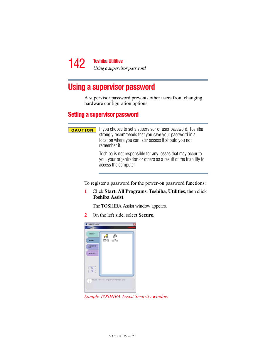Using a supervisor password, Setting a supervisor password | Toshiba A85 User Manual | Page 142 / 264