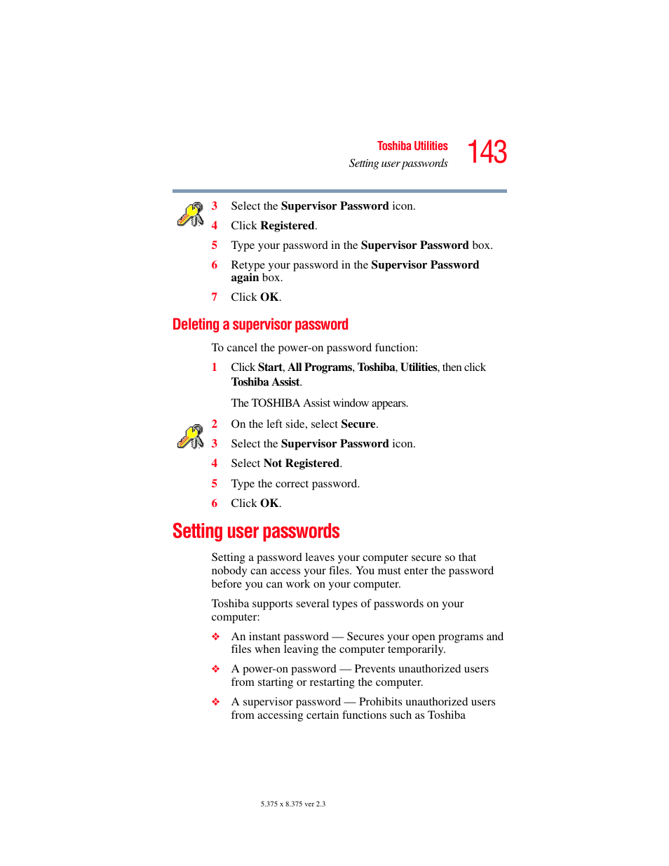 Deleting a supervisor password, Setting user passwords | Toshiba A85 User Manual | Page 143 / 264
