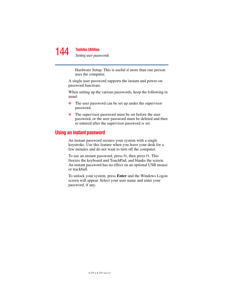 Using an instant password | Toshiba A85 User Manual | Page 144 / 264