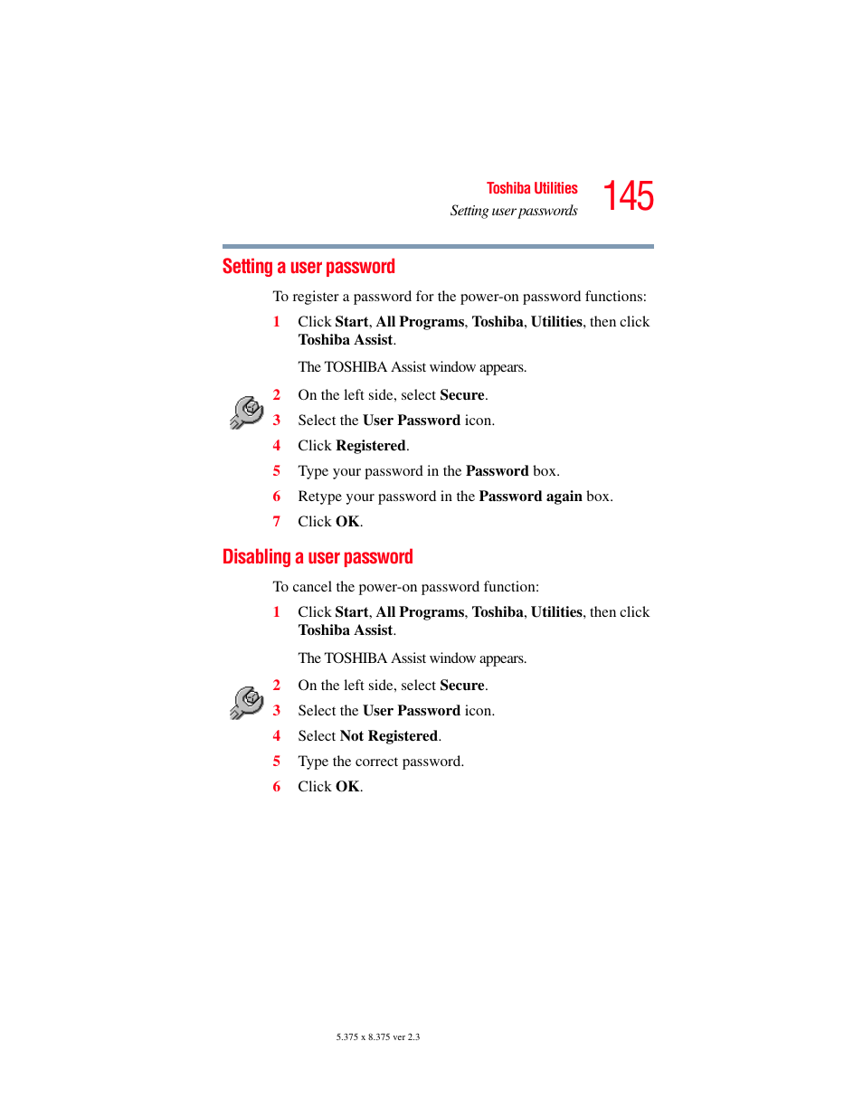 Setting a user password, Disabling a user password, Setting a user password disabling a user password | Toshiba A85 User Manual | Page 145 / 264