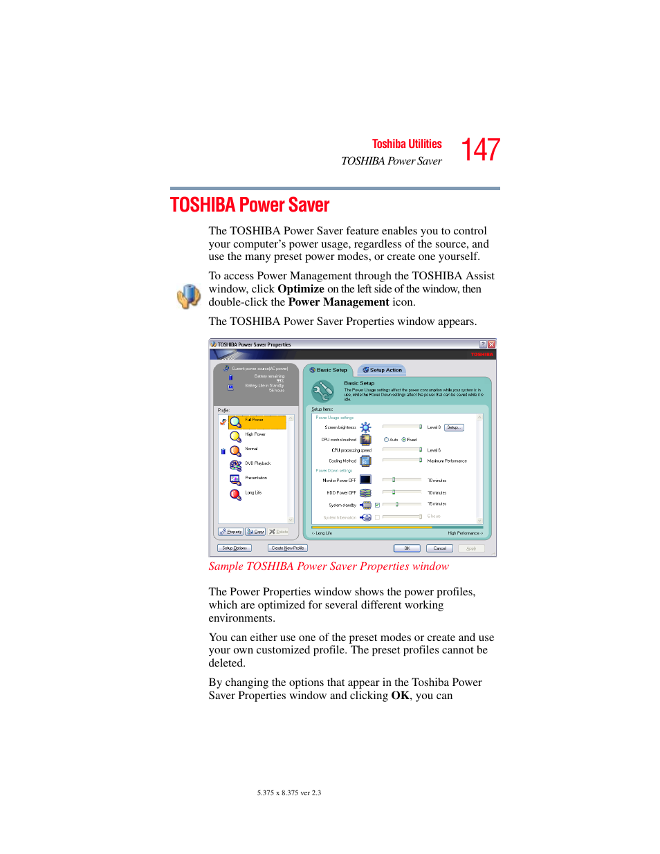 Toshiba power saver | Toshiba A85 User Manual | Page 147 / 264