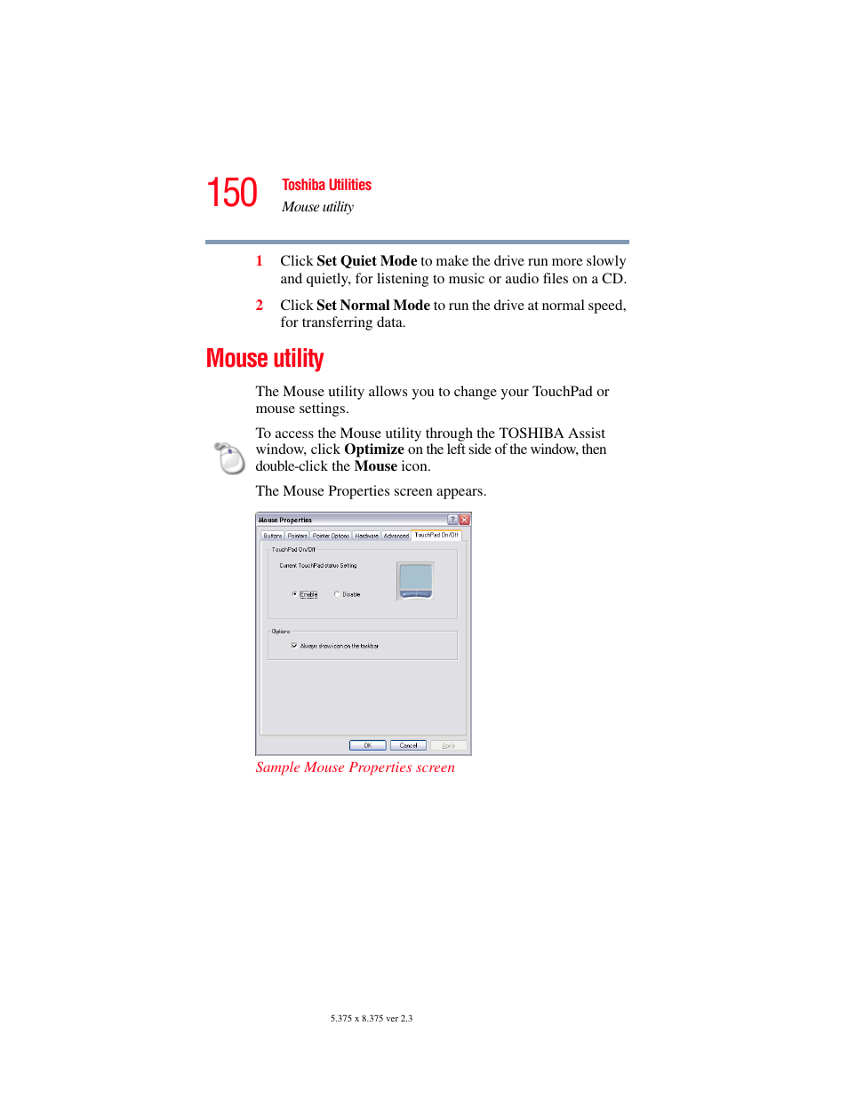 Mouse utility | Toshiba A85 User Manual | Page 150 / 264